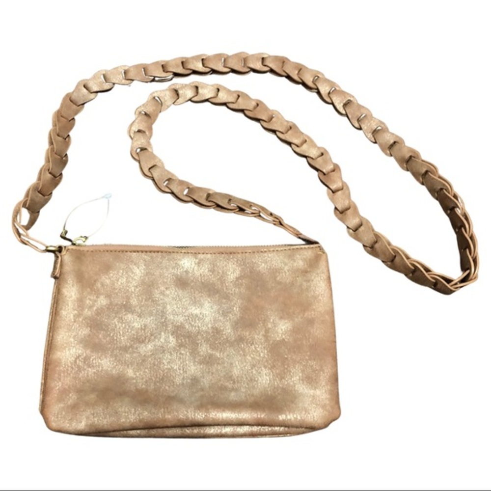 Anthropologie Valerie Beige Distressed Vegan Leather Braided Strap Crossbody Bag